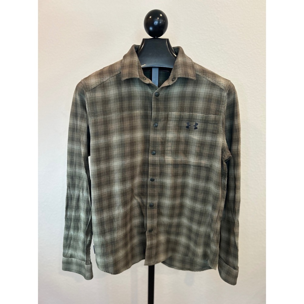 Under Armour Mens Large Olive Brown Plaid Snap Front Flannel Shirt Long Sleeve